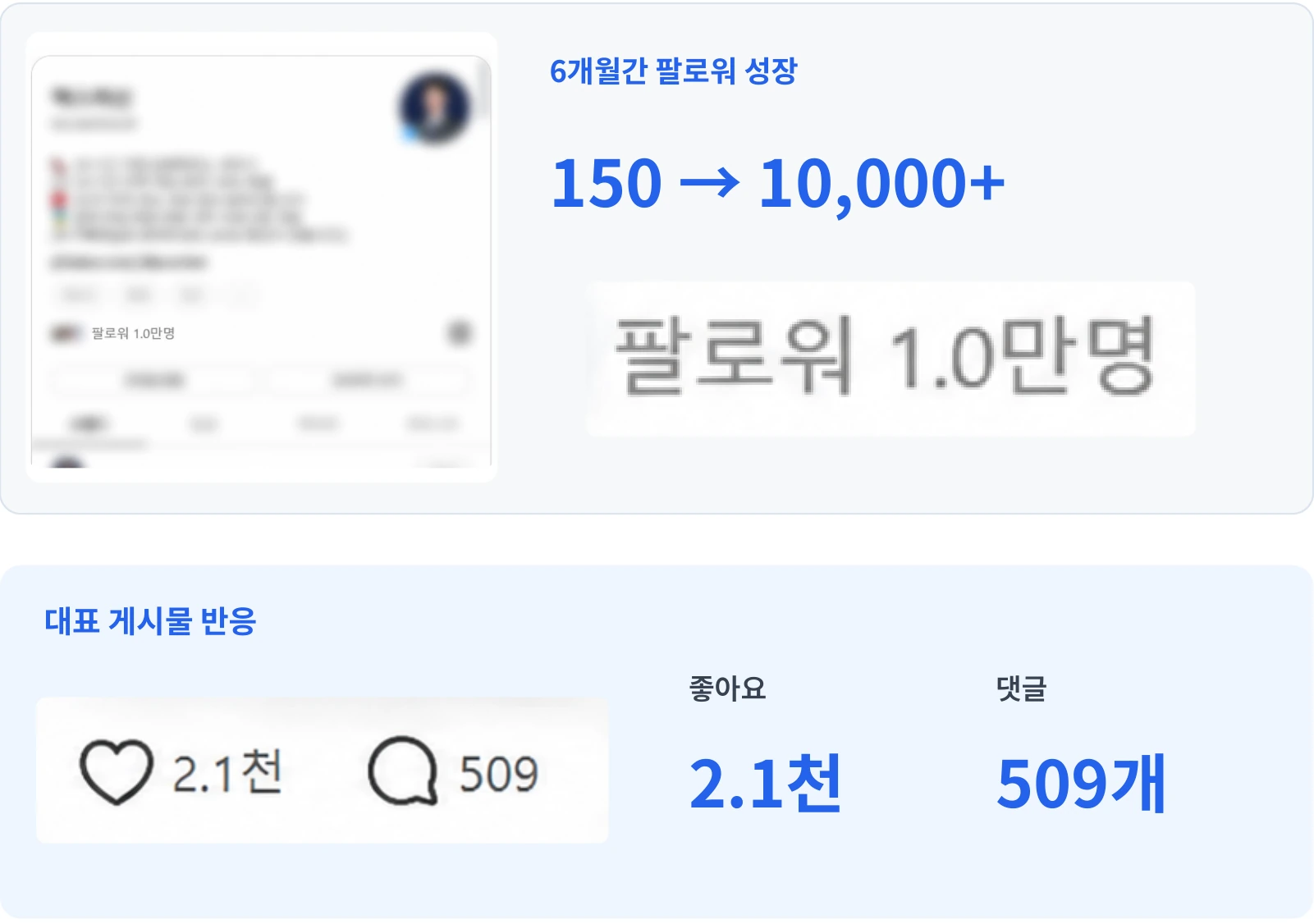 세무사 계정의 6개월 팔로워 150명에서 1만 명 이상, 대표 게시물 좋아요 2.1천 및 댓글 509개 자료